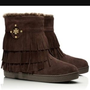 Tory Burch Collins Suede Fringe Fur Boots 8